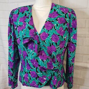 Bold Vintage Purple Floral Silk Adrianna Papell Blouse Top womens M V Neck